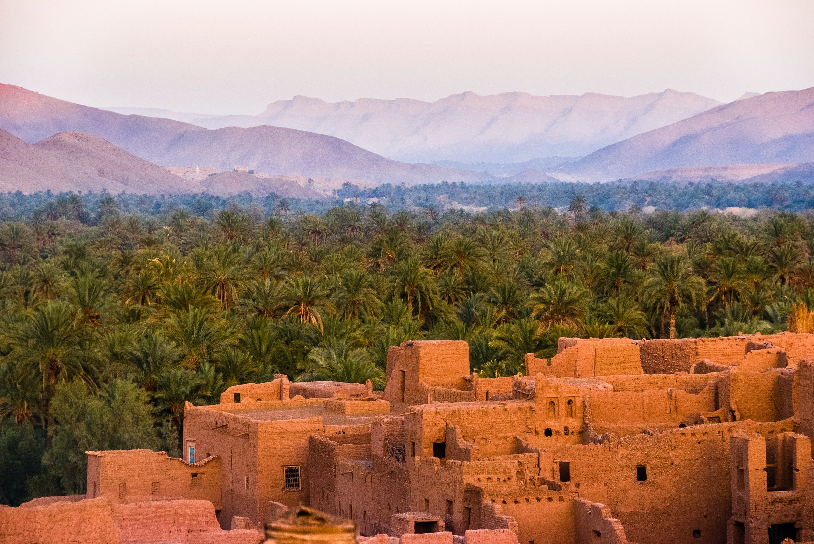 View from ancient castle to Atlas Mountains. The location of Vallee des Roses, in Morocco
